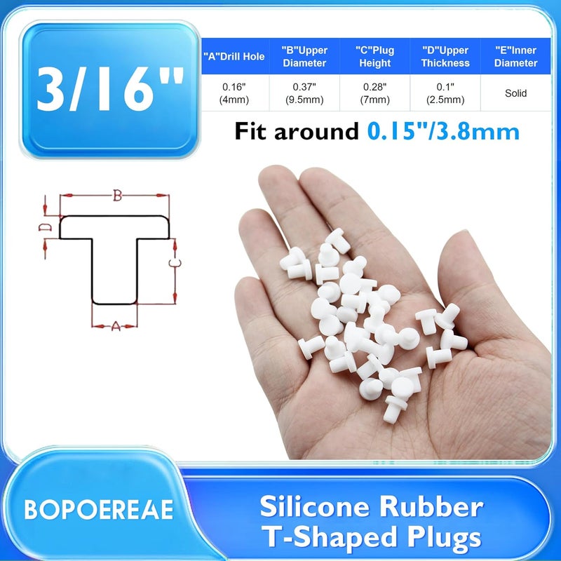 BOPOREAE 35 Pcs 4 mm/0.16 in Silicone Rubber Plug for Small Round Holes, Waterproof T Type Rubber Stoppers, Soft Flexible Seal Button Plugs Tube Pipe End Caps Inserts Bathtub Jet Covers, White - Image 2